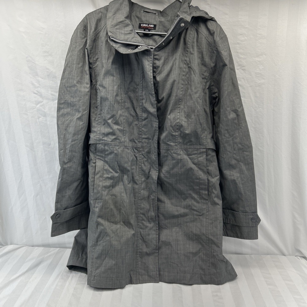 Kirkland Signature Women's Gray‎ Hooded Buckle Raincoat Long Zip Snap Xxl